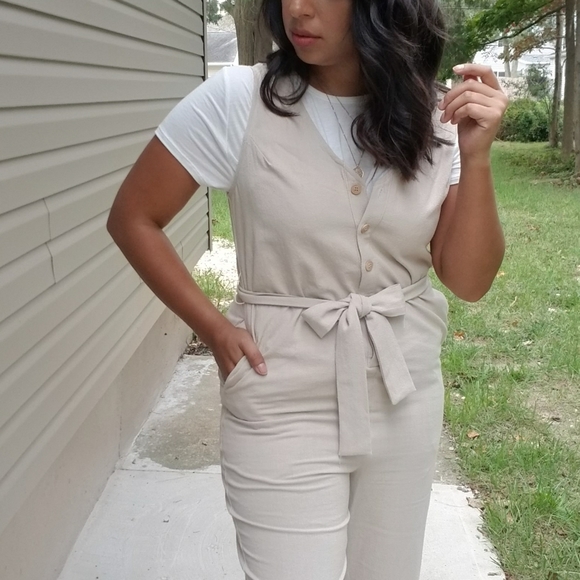 YOURS TRULY CREAM BUTTON JUMPSUIT - Picture 7 of 7